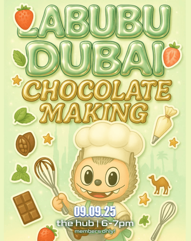 Labubu Dubai chocolate making event poster
